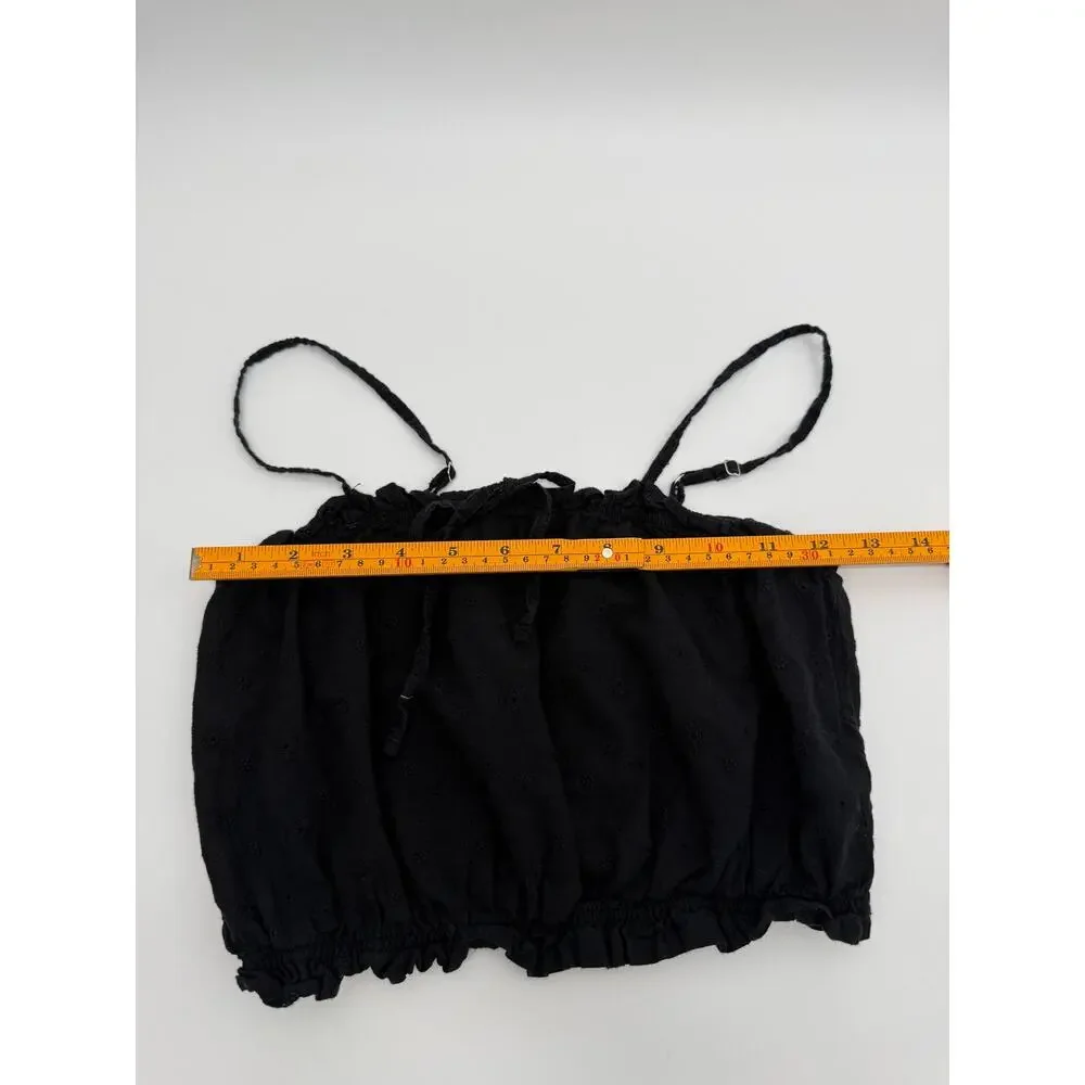 Active USA Black Cotton Eyelet Cropped Cami Tank Top Smocked Boho Size Small